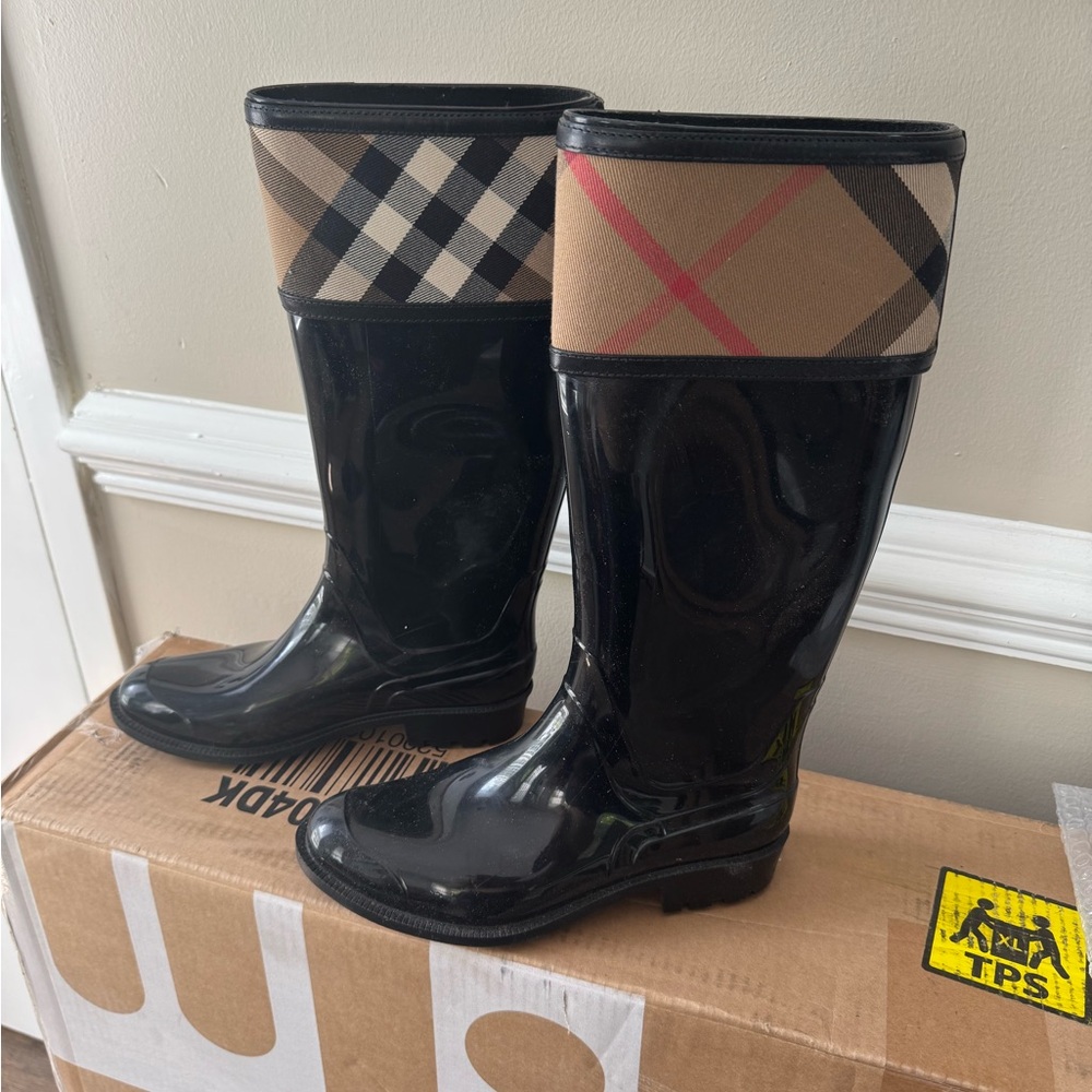 Black Plaid Burberry Rain Boots